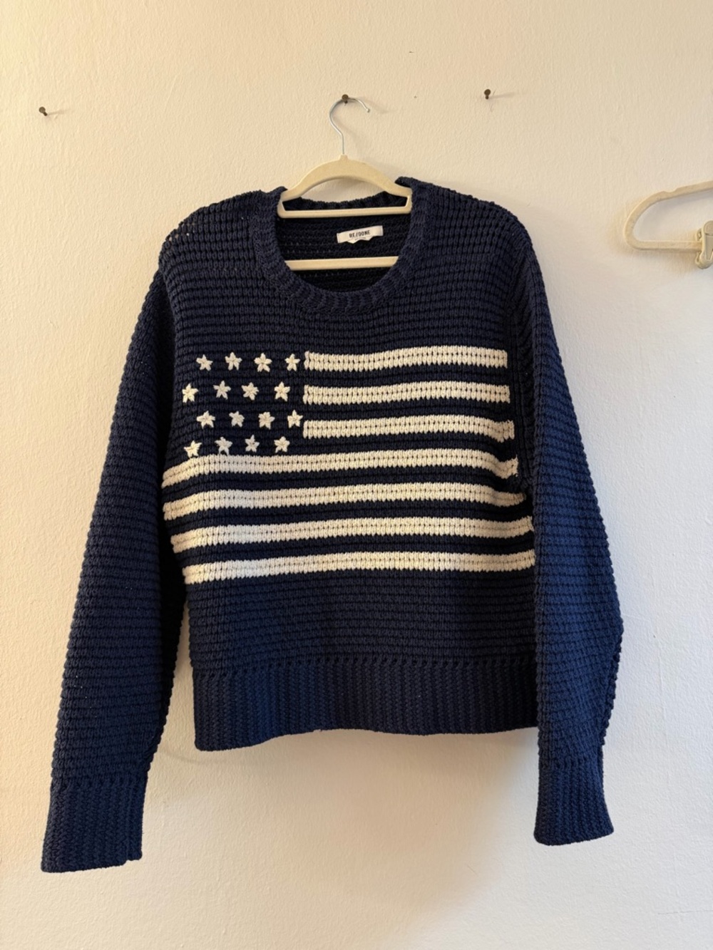 Re/Done Navy Crewneck Sweater with Cream Flag Stripe